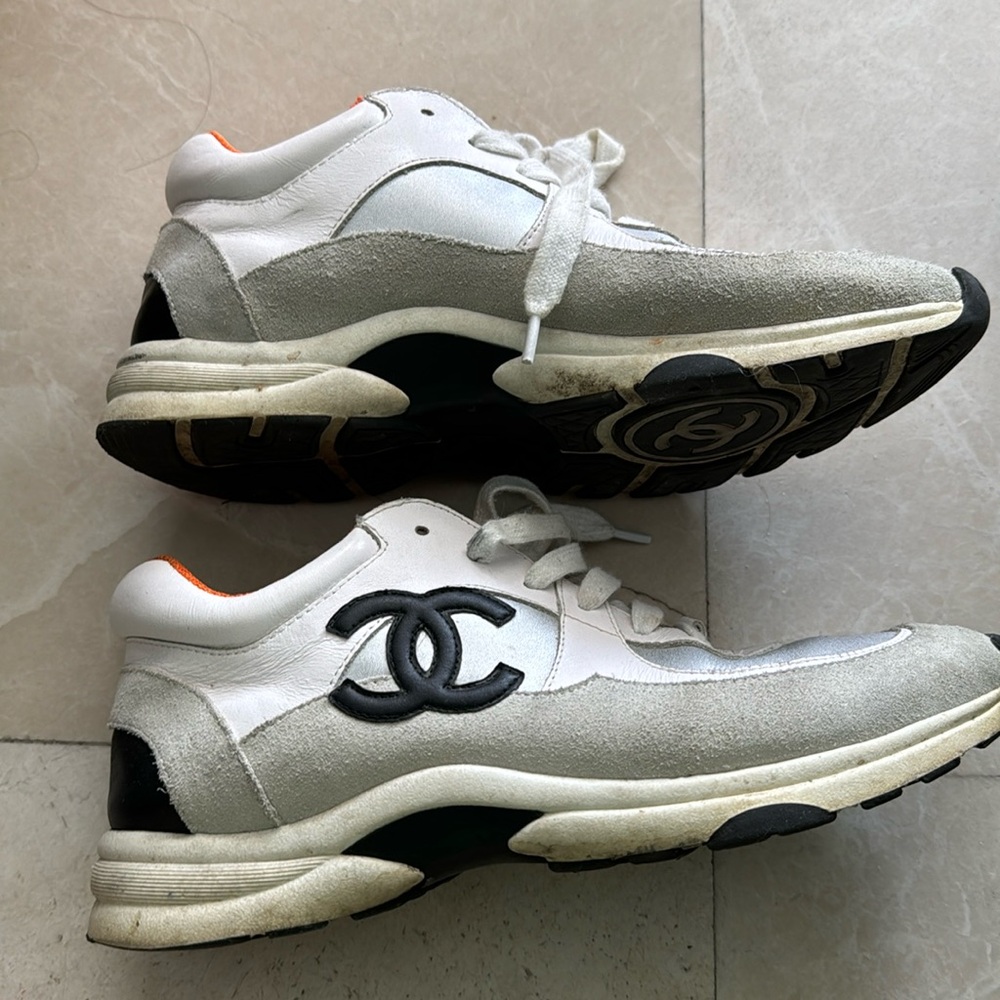 Calfskin Fabric Sneakers White Silver Orange 2017